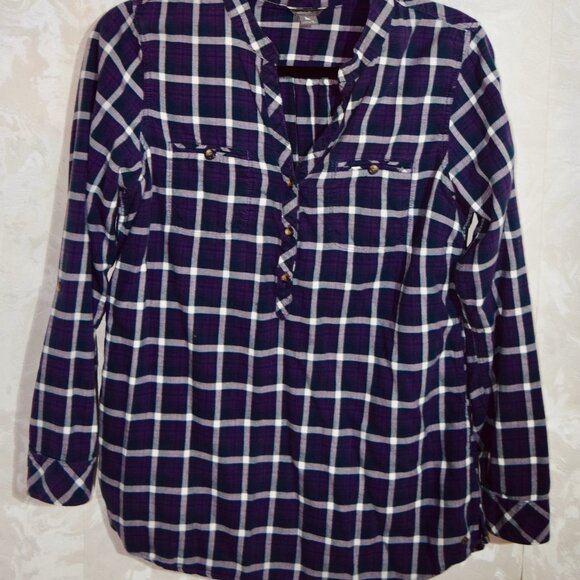 Eddie Bauer Women's Plaid Flannel Popover Blouse | Navy & White | Size M - Picture 1 of 6